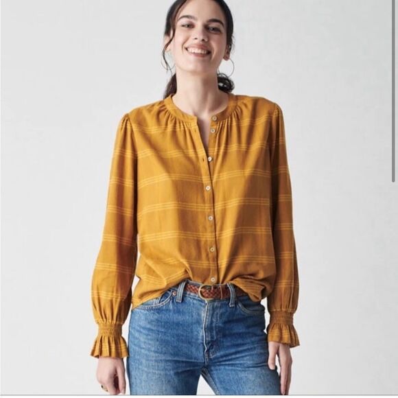 Faherty Harper Plaid Button Down Top Blouson Sleeves Ruffled Cuffs - Size Medium - Picture 2 of 9